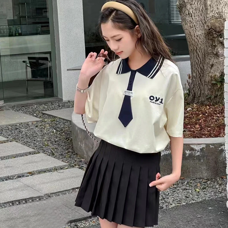 女童短袖2025夏季新款中大童洋气翻领polo衫儿童宽松学院风上衣潮