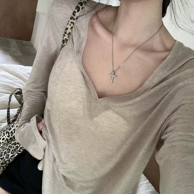 夏季宽松大领口罩衫上衣薄款半透V领长袖空调衫防晒小衫纯欲风