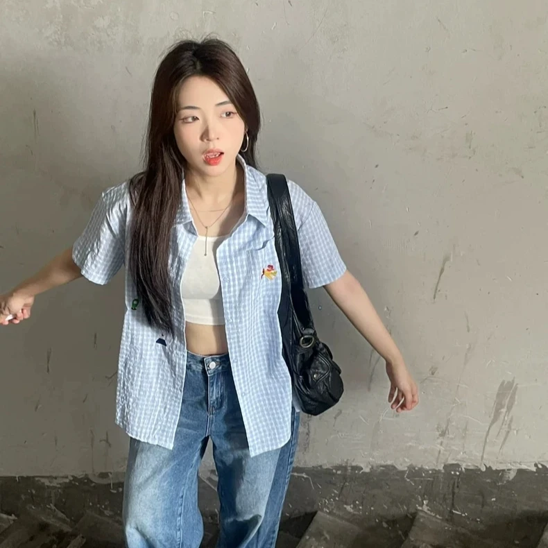 夏季蓝色短袖衬衫小熊刺绣薄款polo格子衬衣气质设计感遮肉