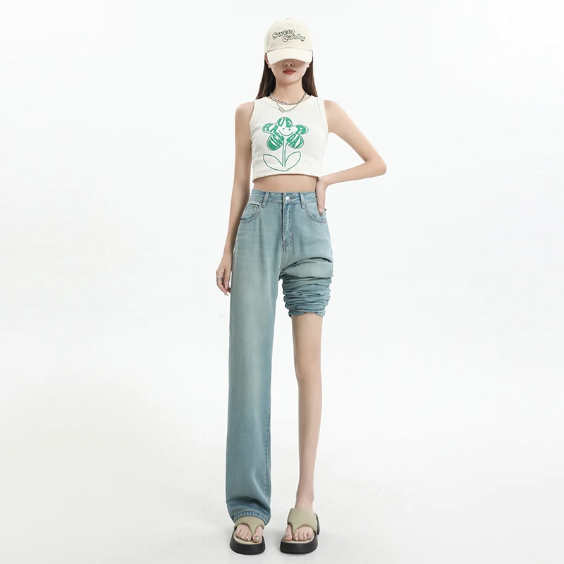 夏季薄款蓝色莱赛尔牛仔裤女新款高腰垂感直筒小个子阔腿裤W465