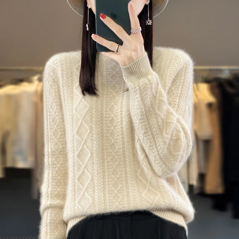 鄂尔多斯市产羊绒衫女半高领宽松加厚秋冬季绞花针织打底毛衣