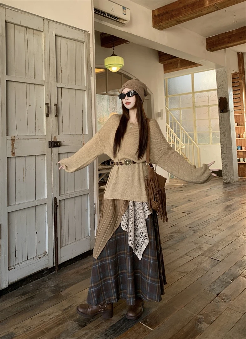 A慵懒风宽松马海毛针织毛衣+复古格子拼接百搭半身裙套装②#8125