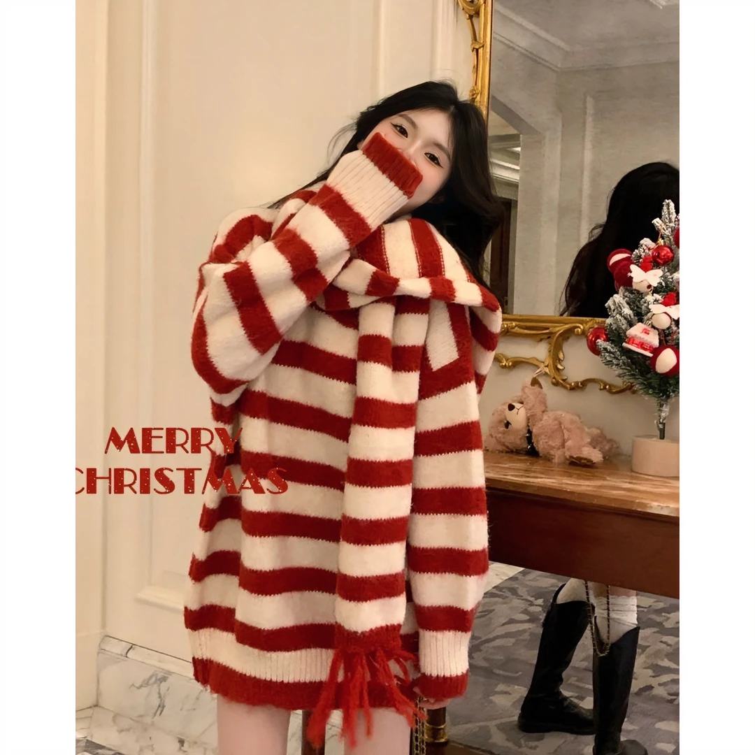【现】兮然~#1273慵懒风红色条纹毛衣冬季宽松V领针织软糯围巾套装