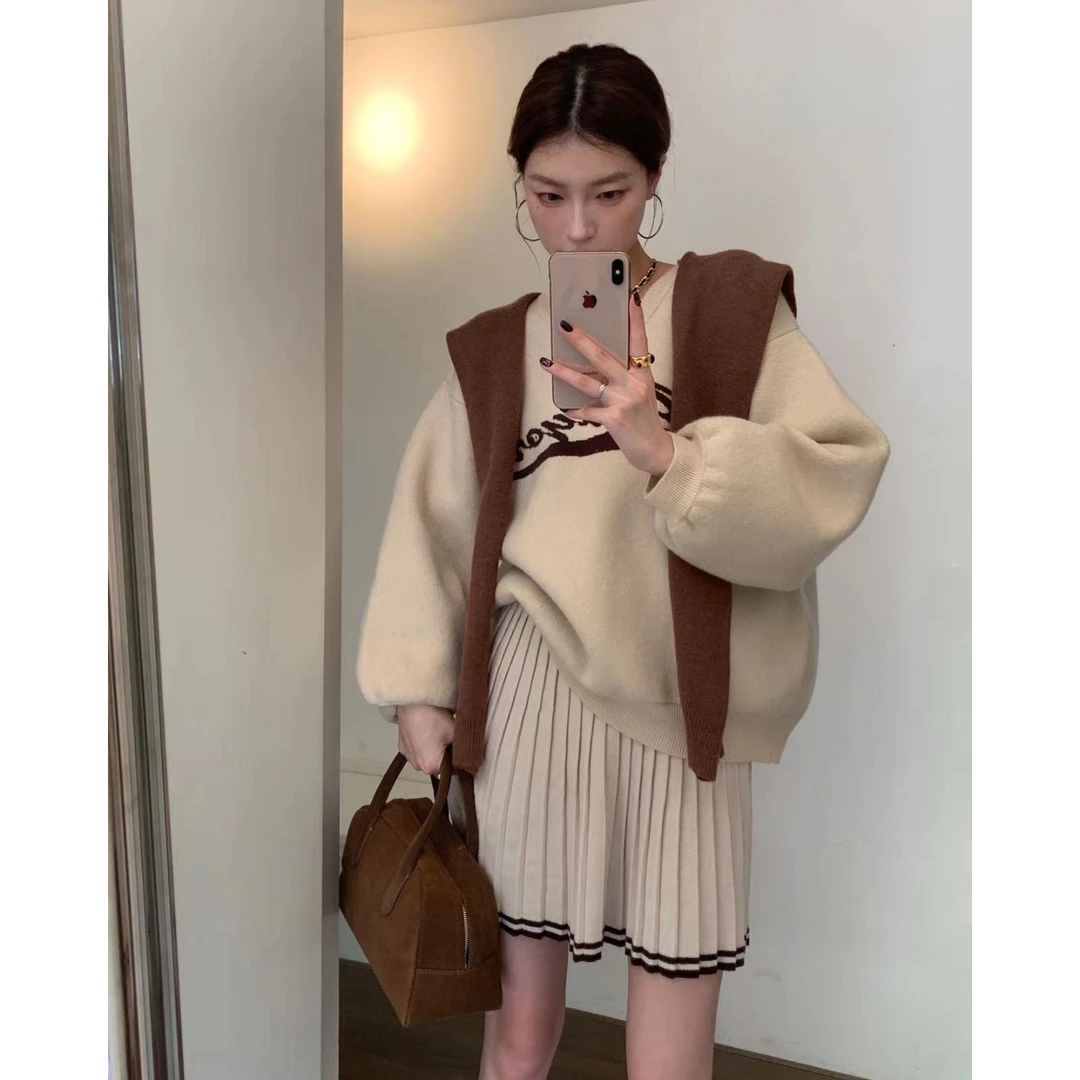 A#8134休闲慵懒套装长袖V领针织衫女早秋冬高腰显瘦半身裙两件套