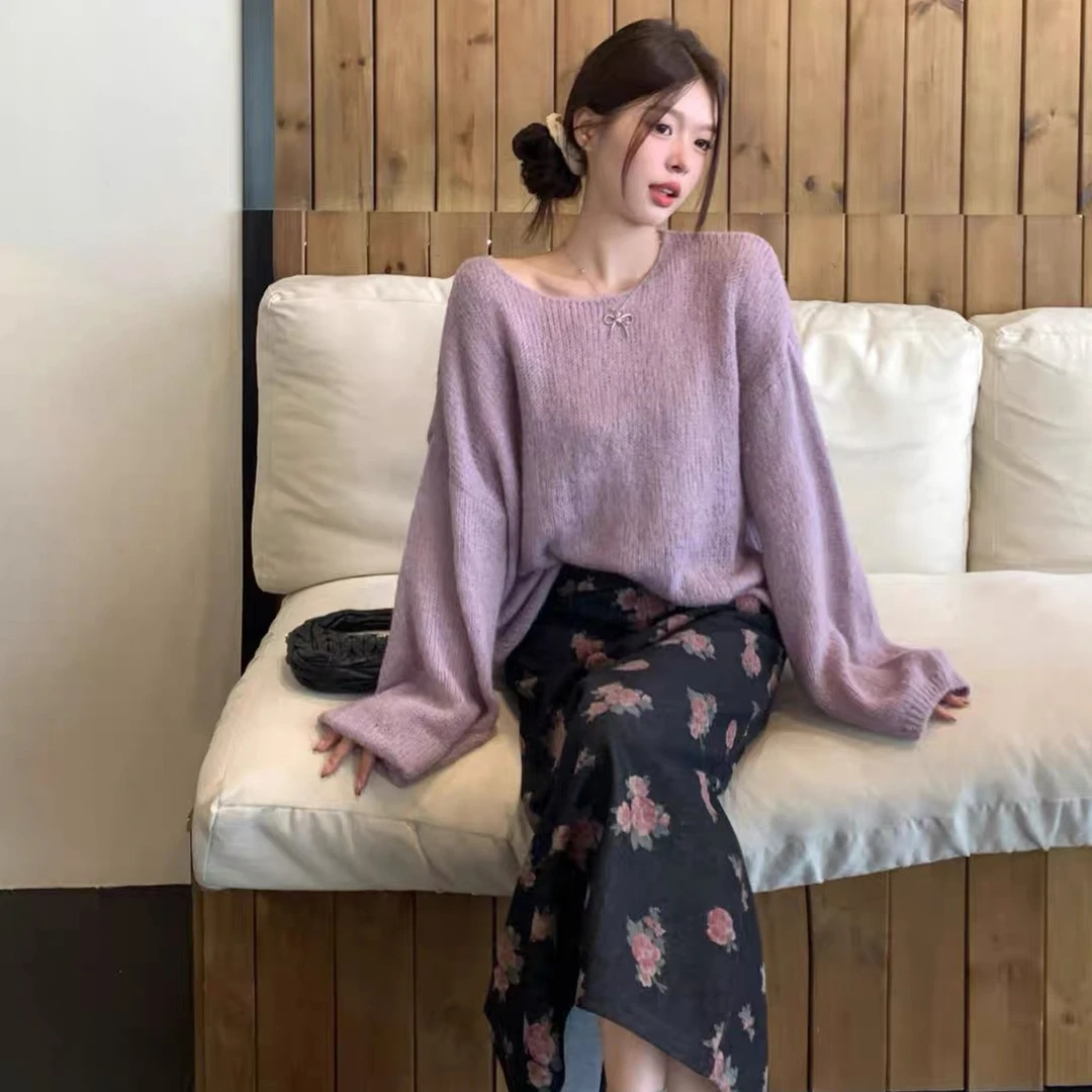 #8104小众紫色毛衣针织衫甜美套装高腰半身裙初秋韩系穿搭两件套