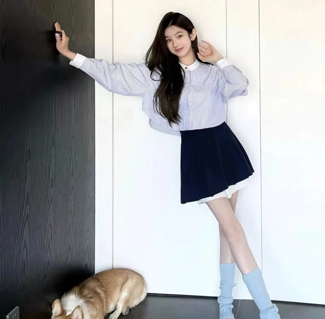 安婷～ #6012蓝色条纹长袖衬衫韩系慵懒百搭休闲风+显瘦半裙两件套