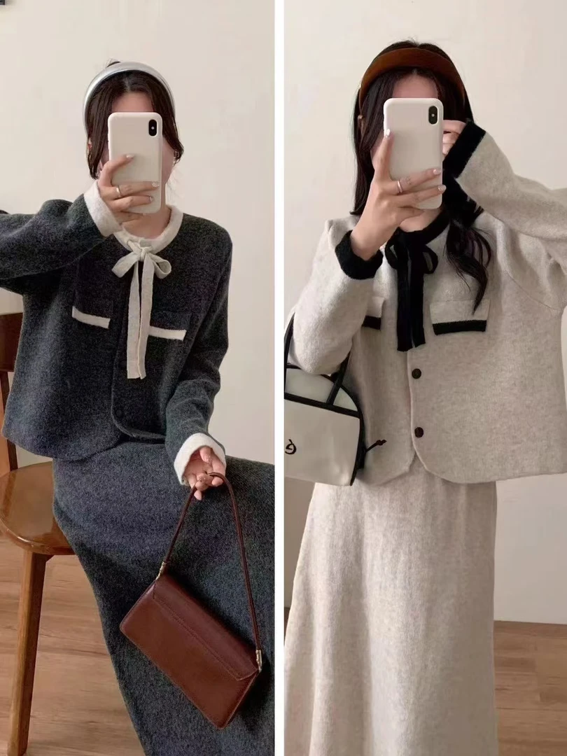 #8130领口蝴蝶结浣熊绒开衫女毛衣秋冬韩系小香风短款外套套装