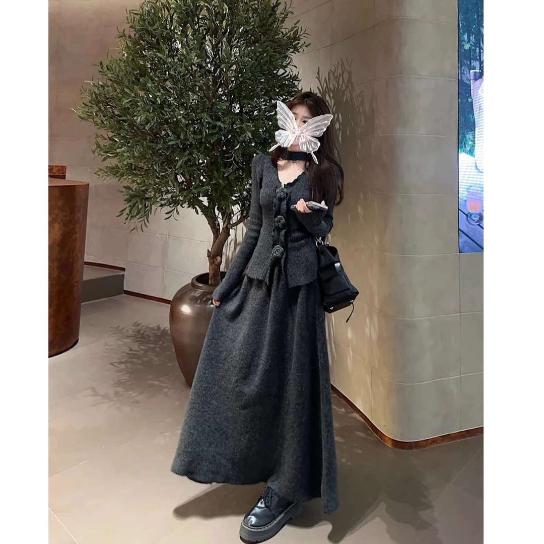 ②设计感立体花朵飘带上衣+松紧高腰显瘦半身裙#8158