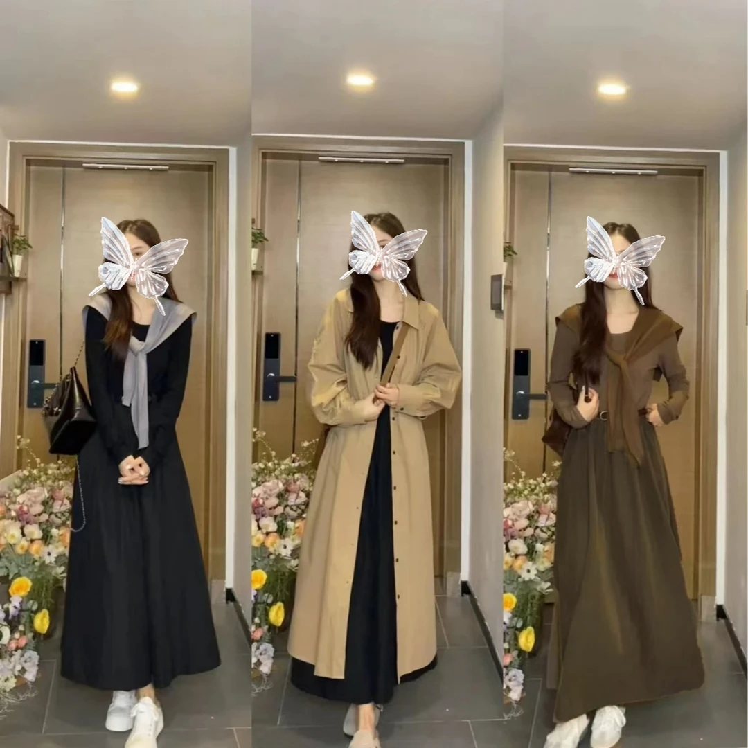 #8079早秋新款温柔风优雅风圆领收腰显瘦基础款百搭长款连衣裙②