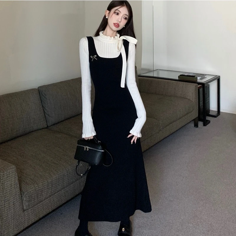 ②露朵 #1249假两件法式复古针织气质时尚女装连衣裙