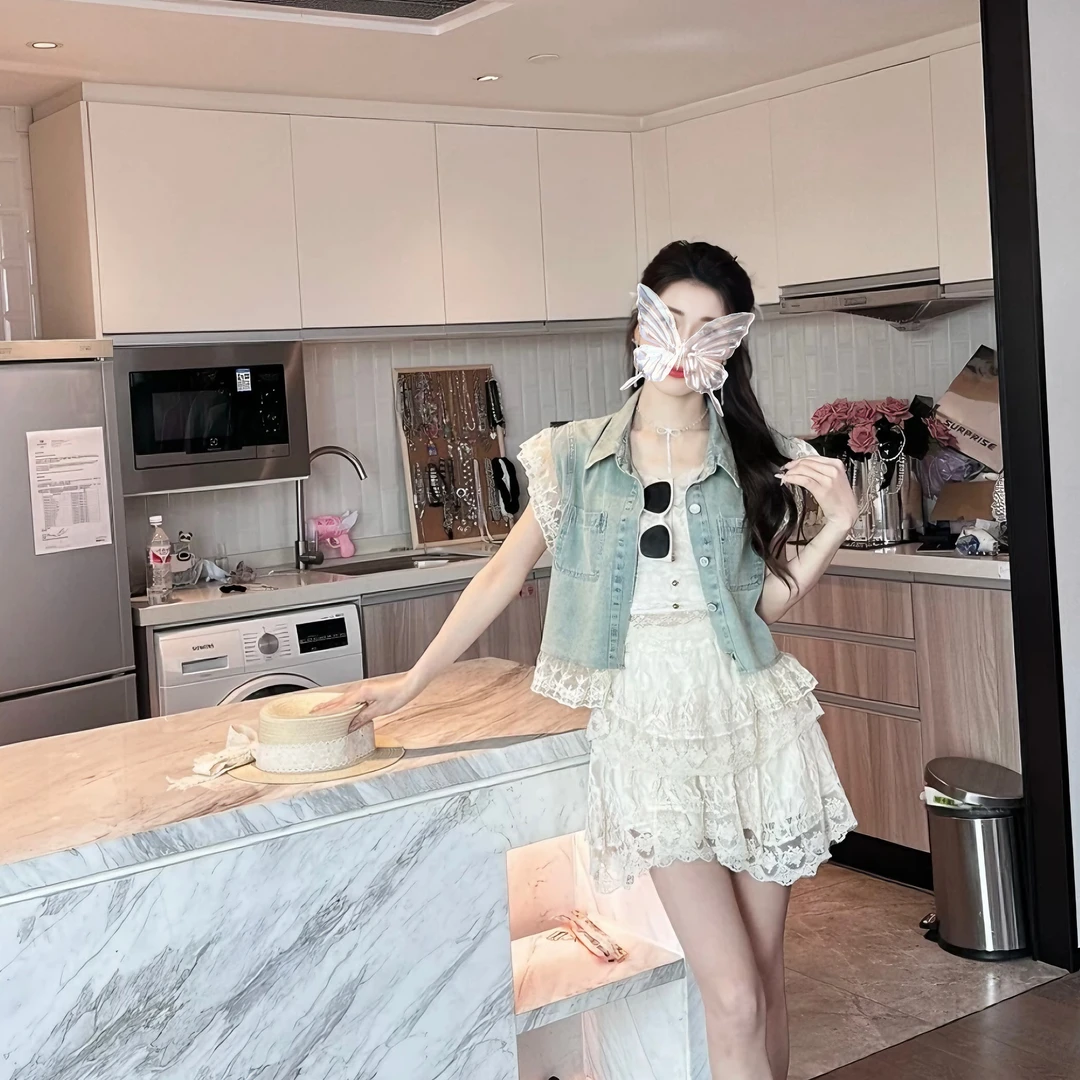 A简约蕾丝边拼接休闲牛仔短袖衬衣气质飞袖背心显瘦衬衫#8032
