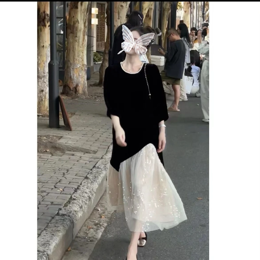 #8103拼接亮片网纱气质显贵黑色丝绒长裙2024秋冬新款时尚女