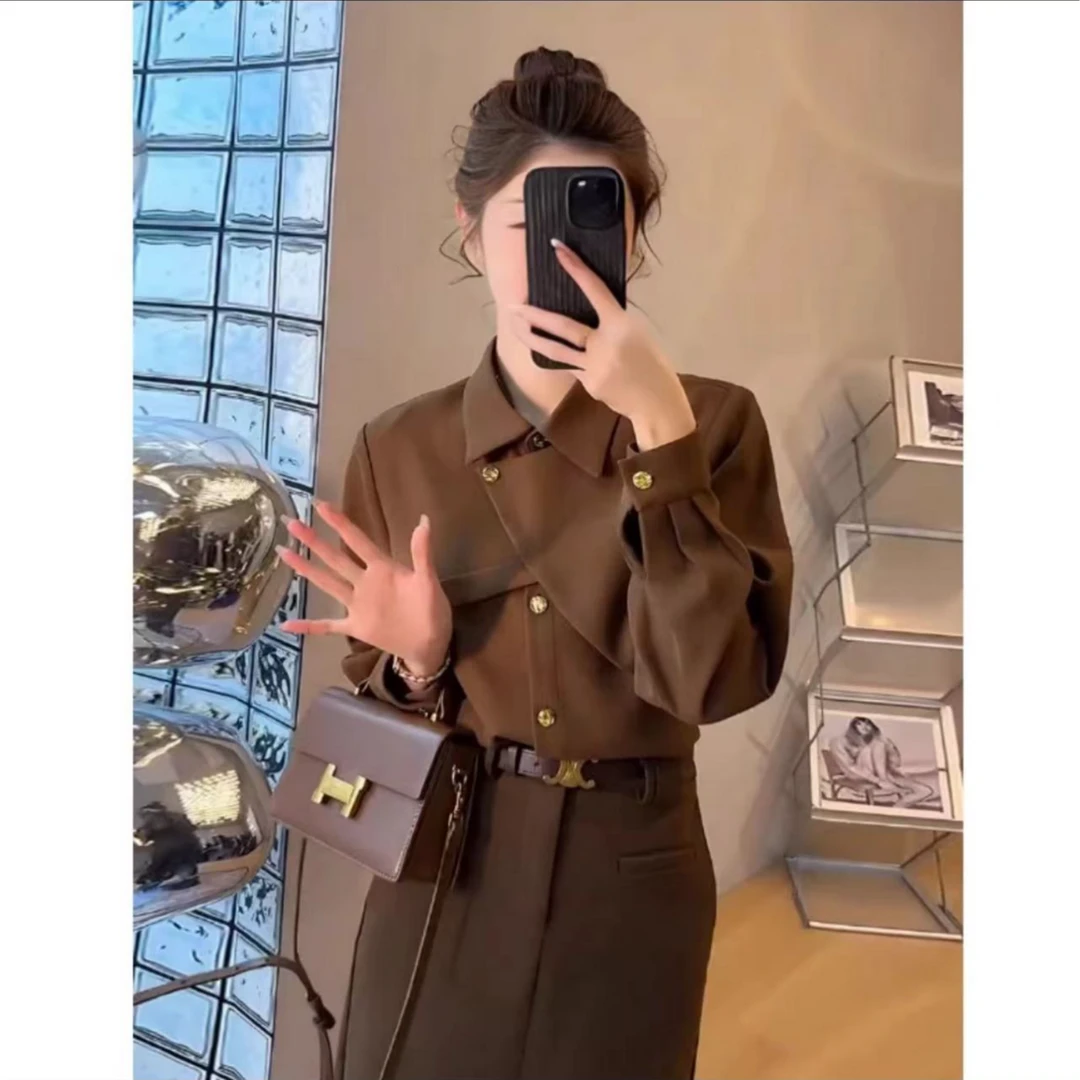 ②复古港风不规则衬衫女秋冬2024新内搭长袖衬衣法式别致上衣9372#