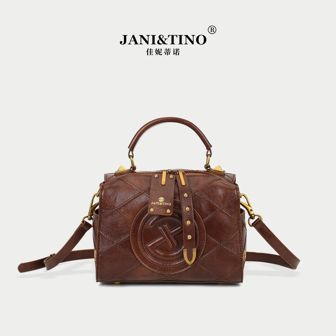 JANITINO/新款休闲女士百搭潮流斜跨包8921菱格棕