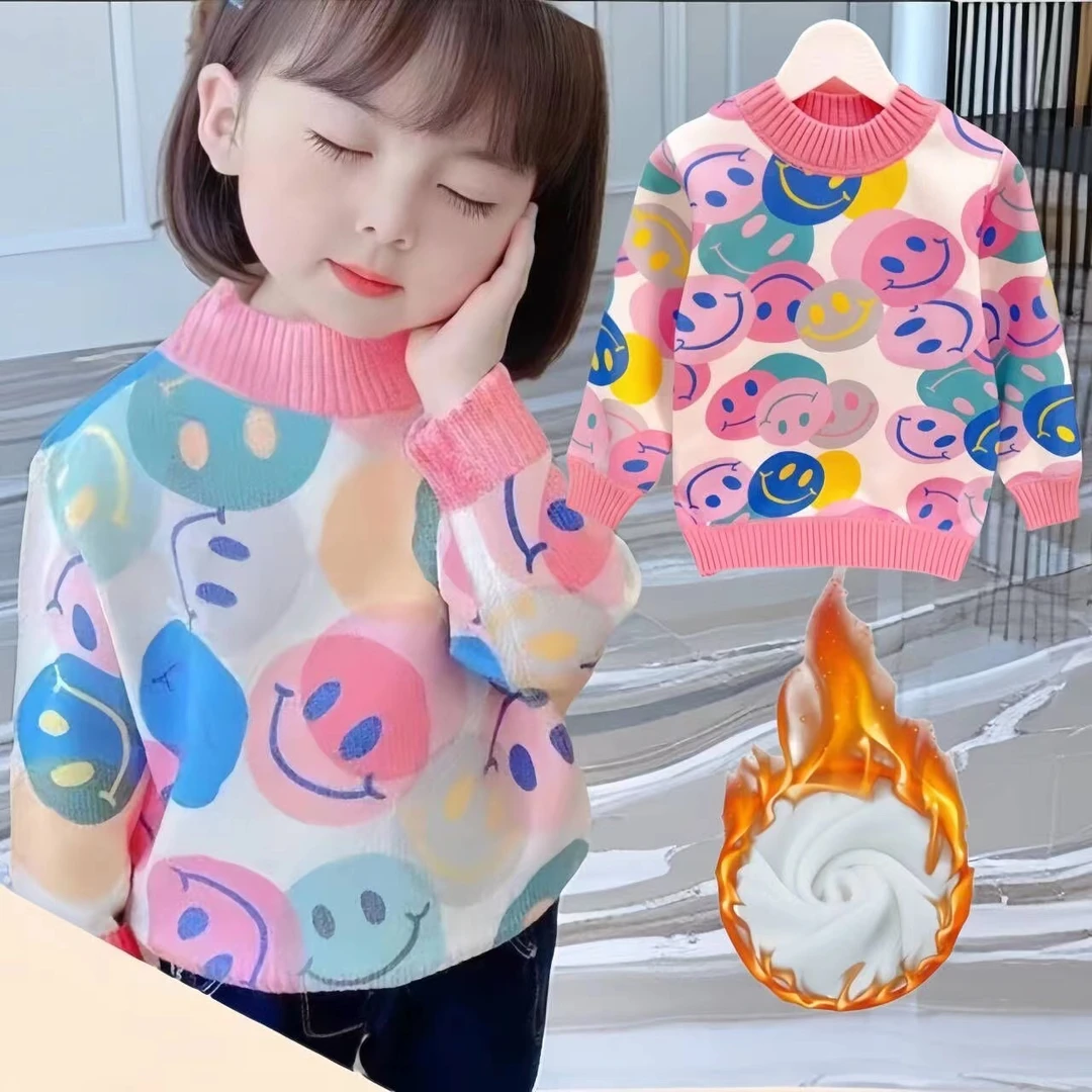儿童洋气女童加绒针织衫女宝宝一体绒秋冬保暖打底衫套头女孩上衣