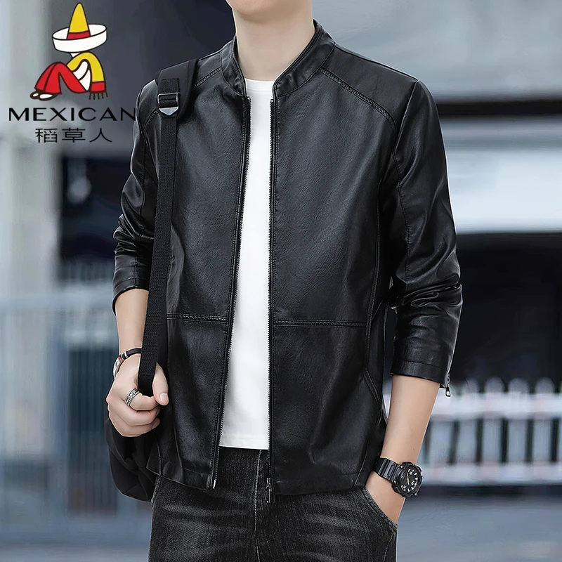 稻草人男士皮衣春季新款休闲时尚潮流立领百搭皮夹克修身春秋外套