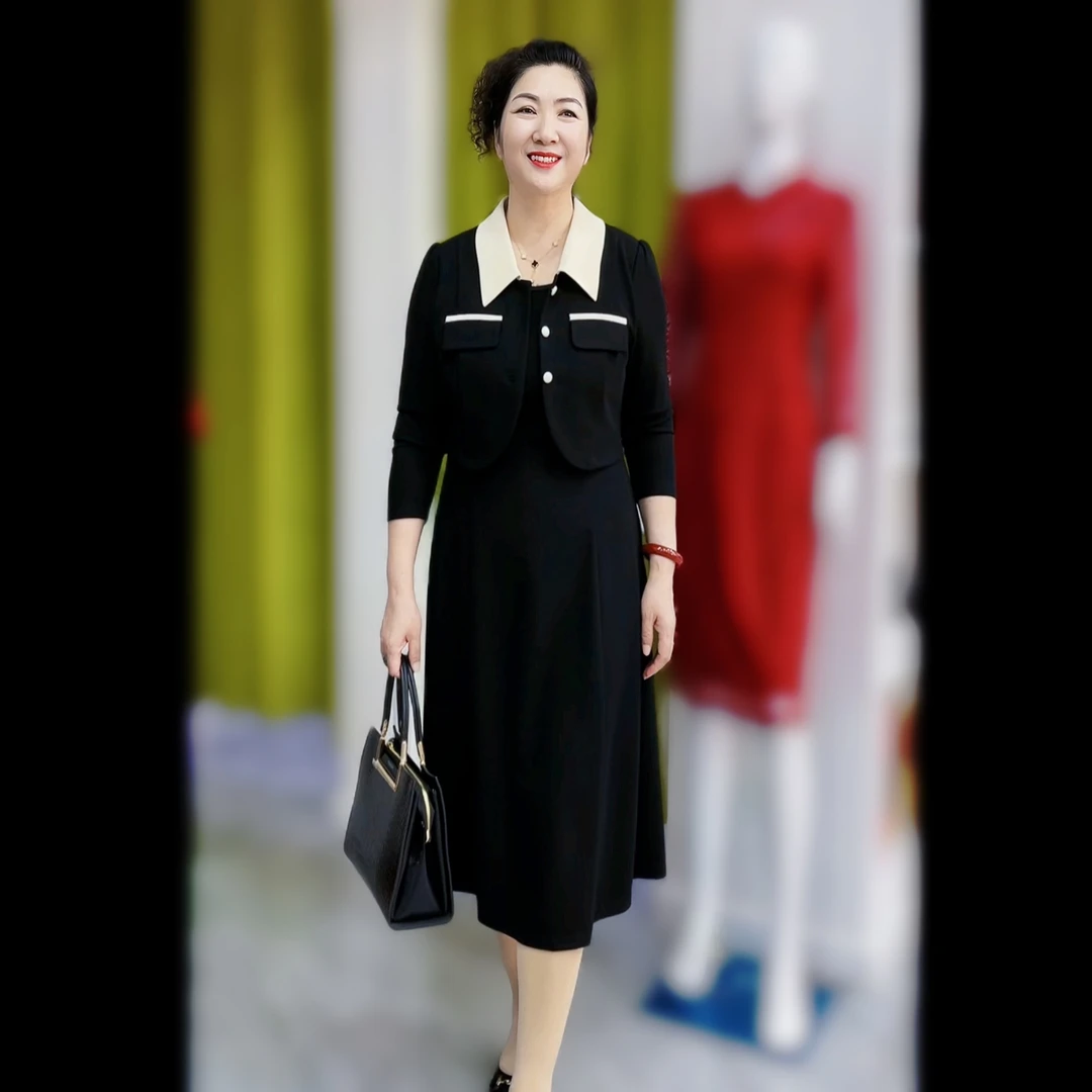 爆款假两件连衣裙春季长款修身气质轻奢长袖黑色优雅显瘦遮肚黑裙