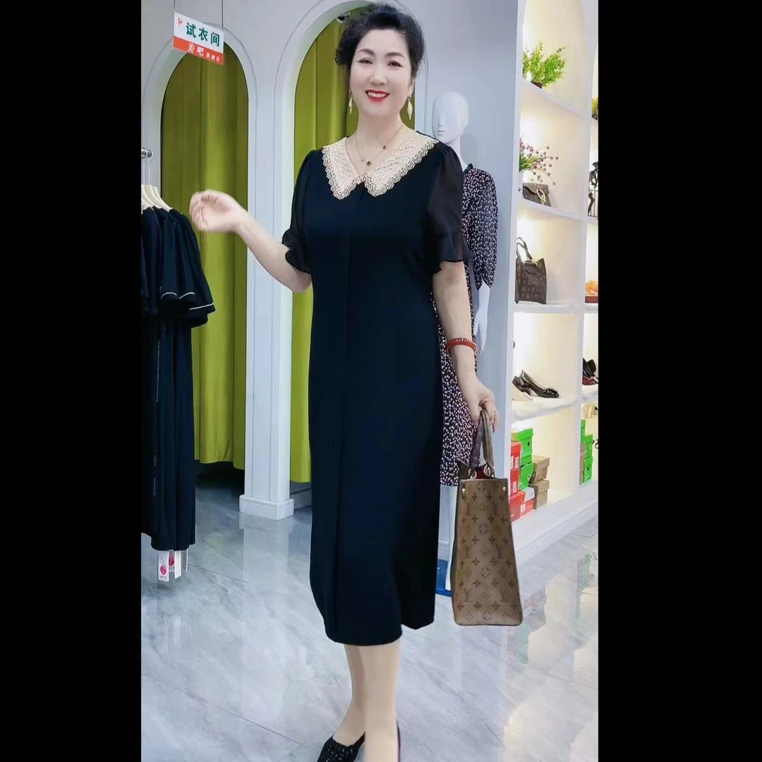 娃娃领夏季超显瘦连衣裙时尚洋气气质蕾丝高贵轻奢黑色修身长款裙