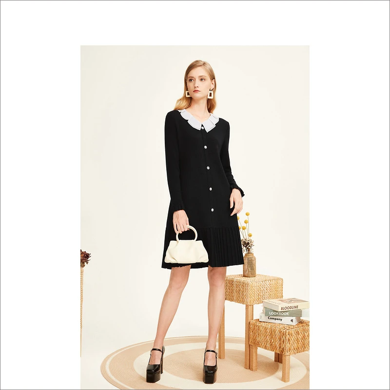 YINER音儿专柜女装新款撞色翻领复古压褶纯羊毛连衣裙8232506430