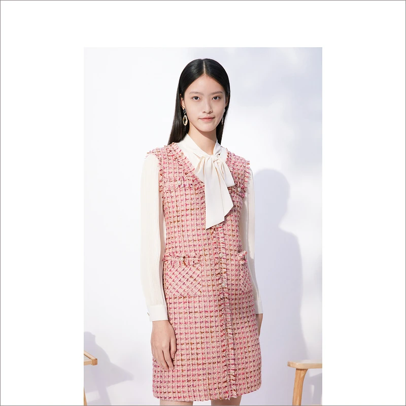 Goodland美地女装秋新款羊毛小香风拼接假两件连衣裙LC32505048