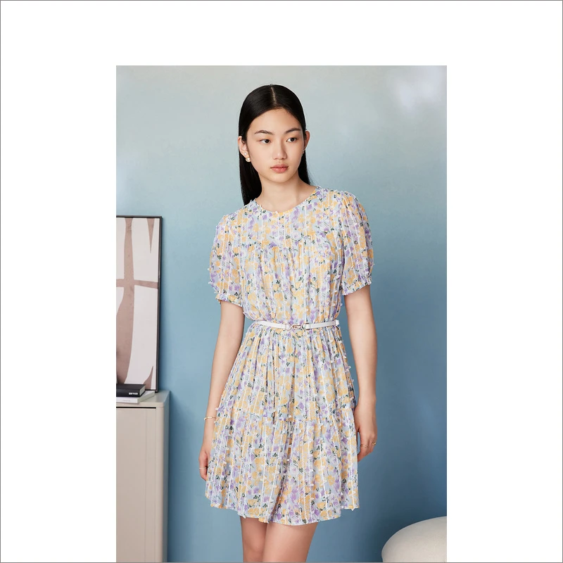 Goodland美地女装夏季新款配腰带氛围感清凉碎花连衣裙LC63205490
