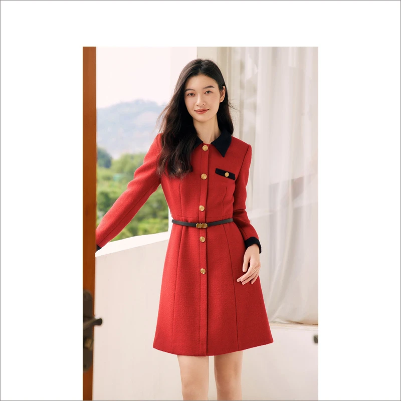 Goodland美地女装秋冬新款小香风送腰带气质红色连衣裙LC63505070