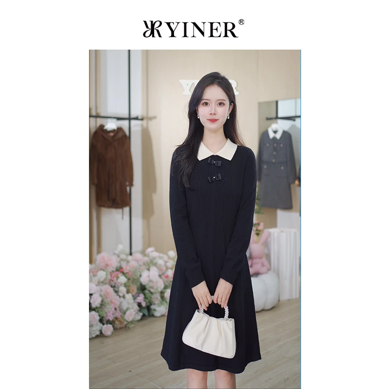 YINER音儿奥莱女装冬新修身显瘦针织气质a字复古连衣裙8C62506306