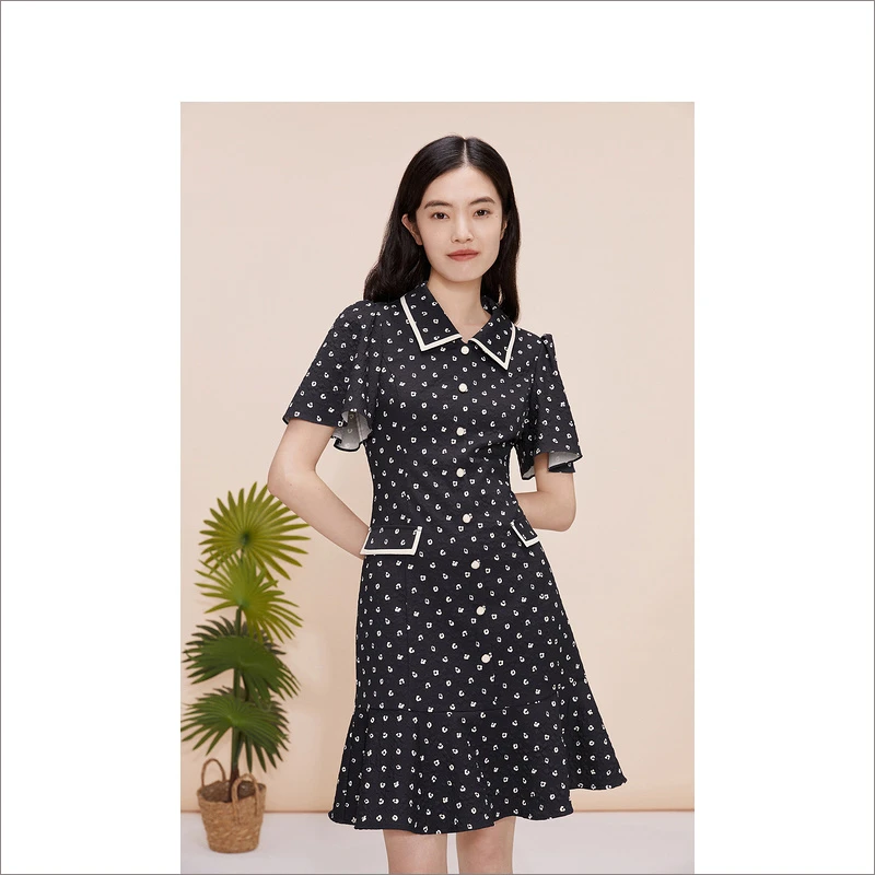 YINER音儿奥莱女装23黑色波点气质时尚法式复古连衣裙8C63205436