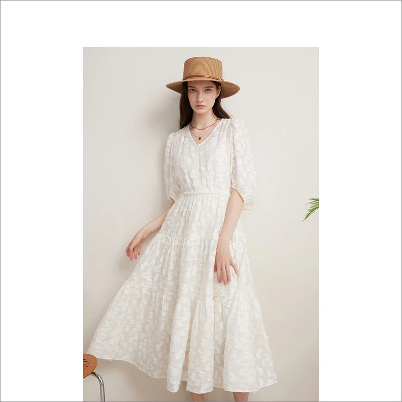 Goodland美地女装秋季新款气质白色蕾丝收腰显瘦连衣裙LC34105400