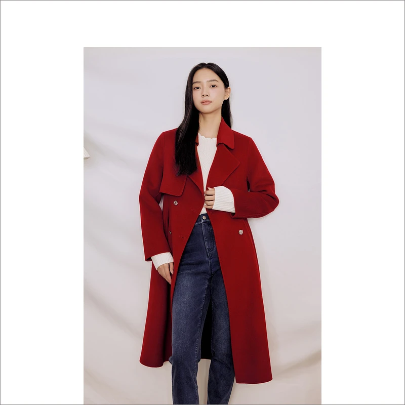 【100%绵羊毛】Goodland美地女装冬季红色中长款毛呢外套LC33580100