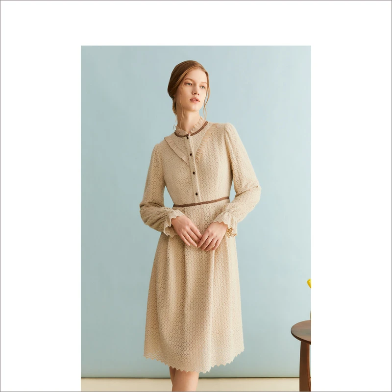 YINER音儿奥莱女装秋冬新款蕾丝菠萝纹优雅连衣裙8C63505256