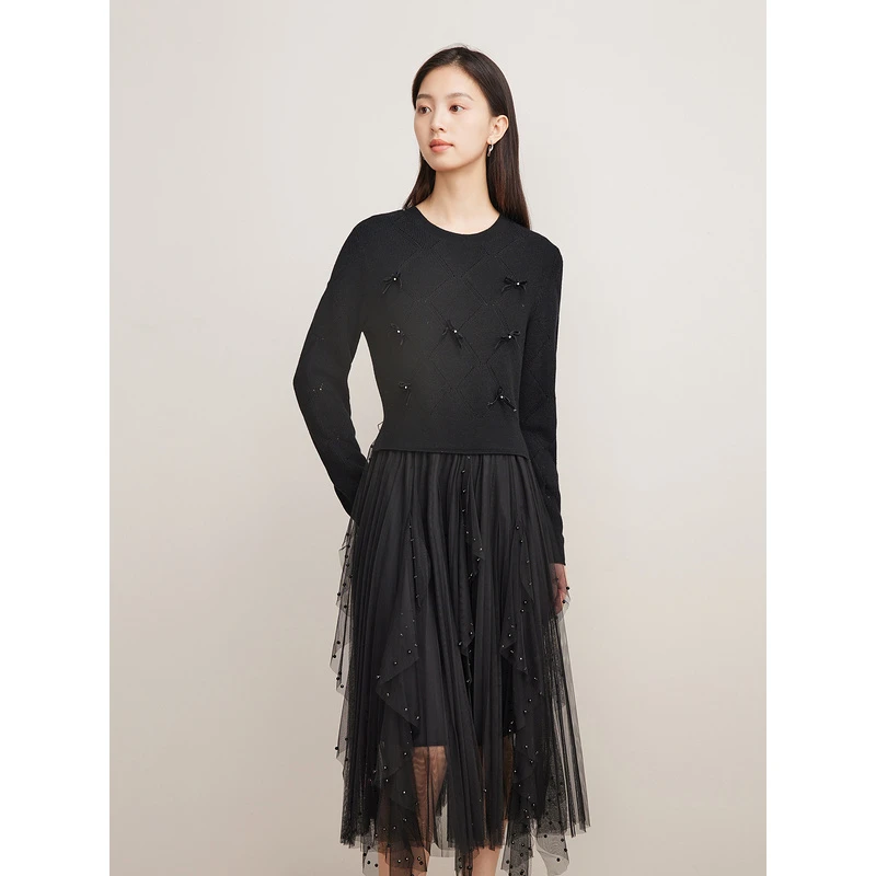 Goodland美地秋冬季新款气质长袖黑色优雅连衣裙女裙LC34506697