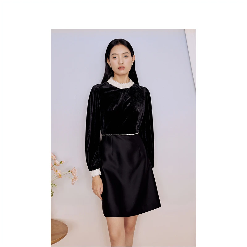 Goodland美地2023年冬季新款复古拼接显瘦优雅连衣裙LC63505140