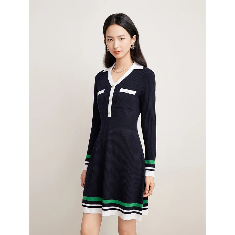 Goodland美地春秋季新款藏蓝色显瘦气质修身撞色连衣裙LC34506147