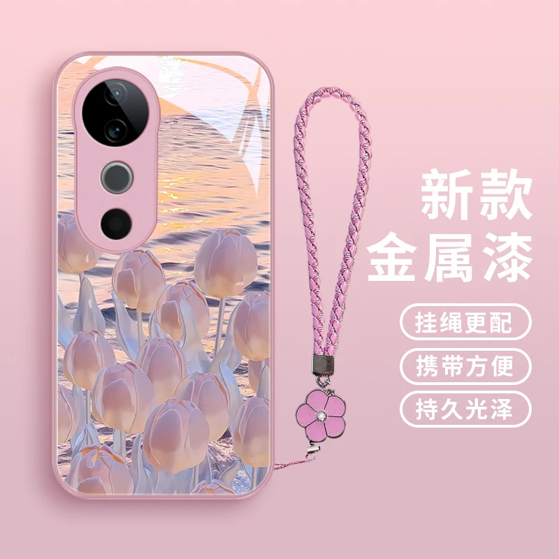 夕阳郁金香适用VIVOS19手机壳VIVOS19pro女款挂绳玻璃简约创意推
