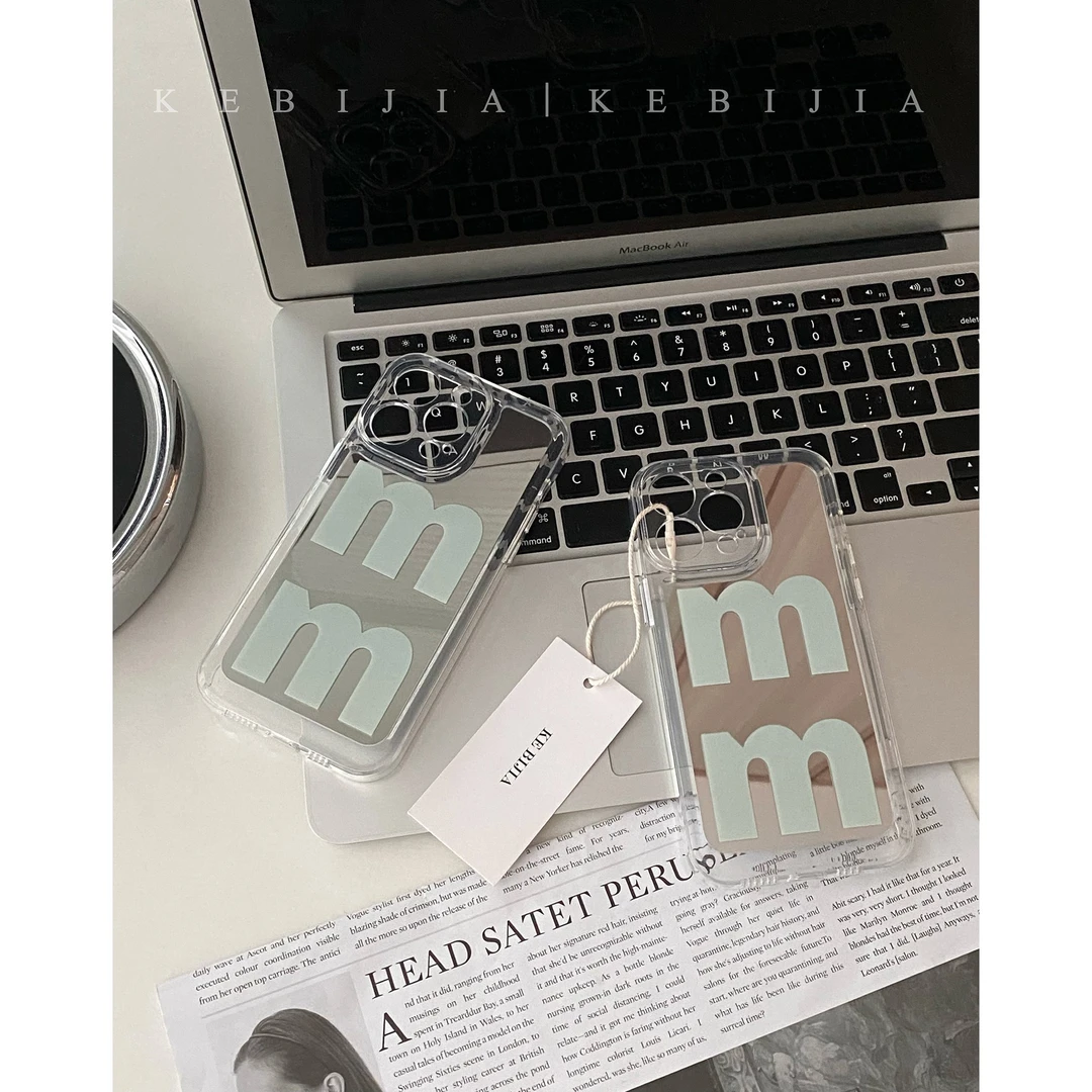 ins薄荷绿字母M镜面手机壳苹果14/13/12/11/promax