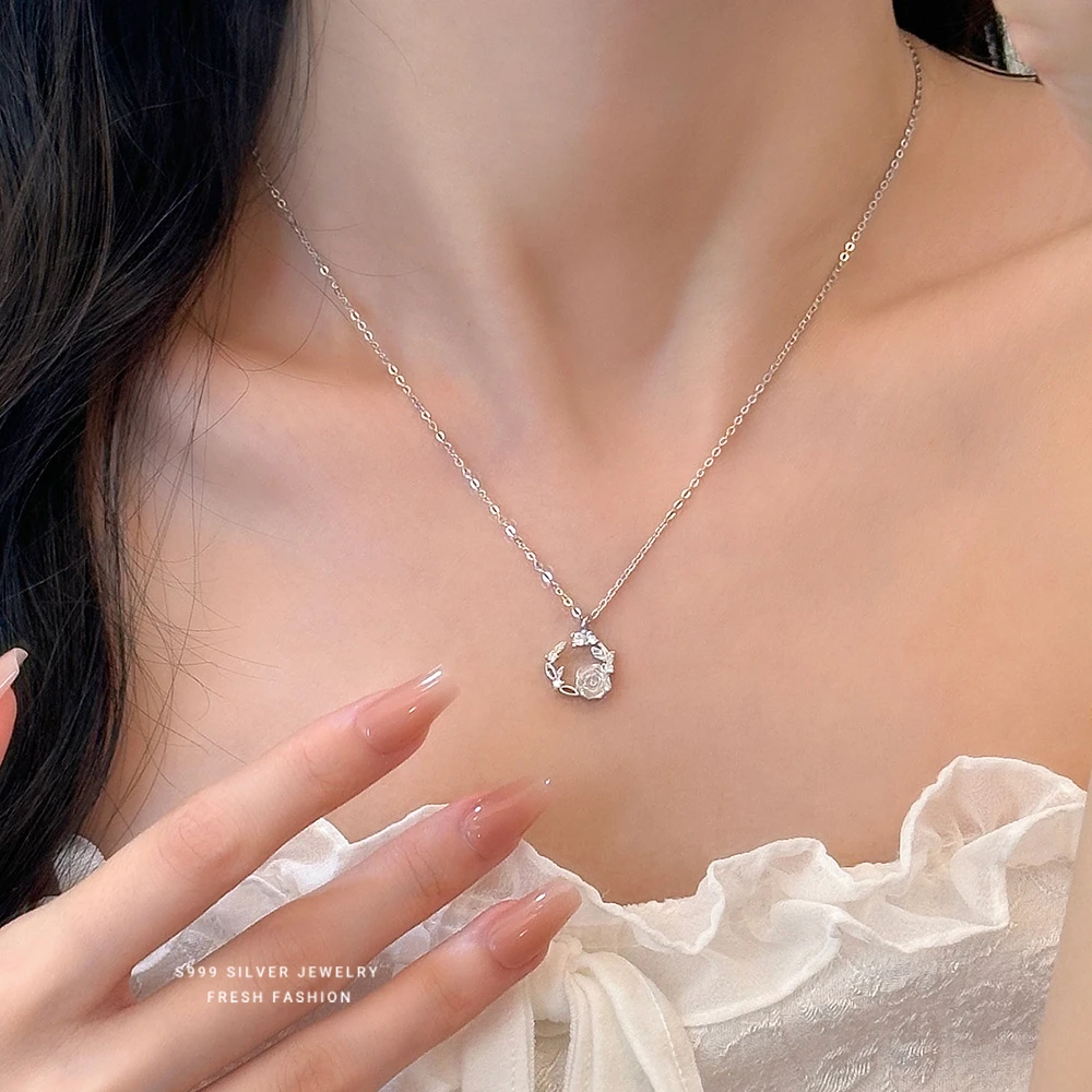 坠链均足银 超仙花环项链999纯银女幻彩玫瑰花足银锁骨链高级感