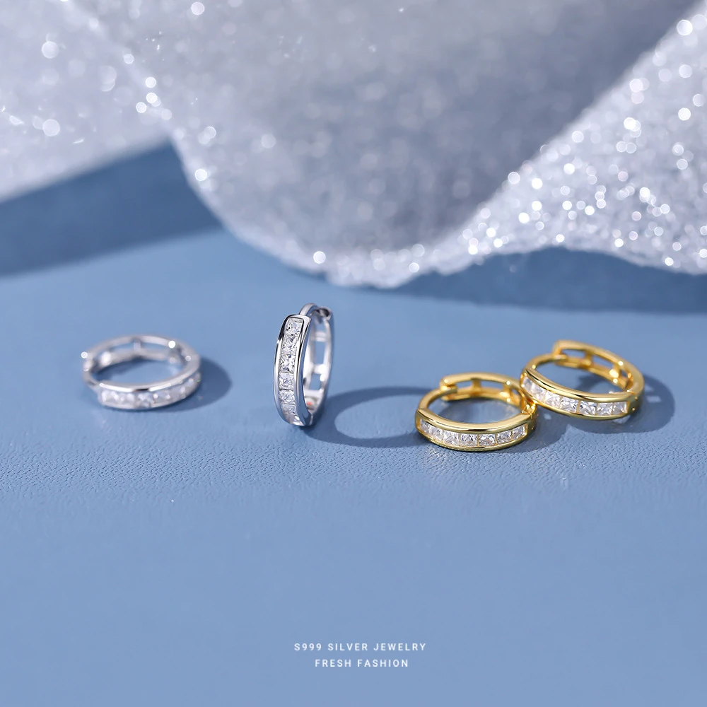 足银耳饰 999足银方形锆石耳扣女轻奢高级感简约气质百搭耳环耳饰