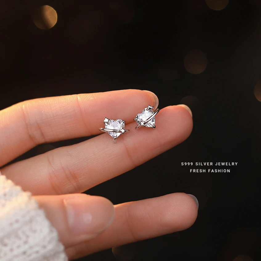 足银耳饰 999足银爱心环绕流星耳钉女森系甜美气质可爱小众耳饰