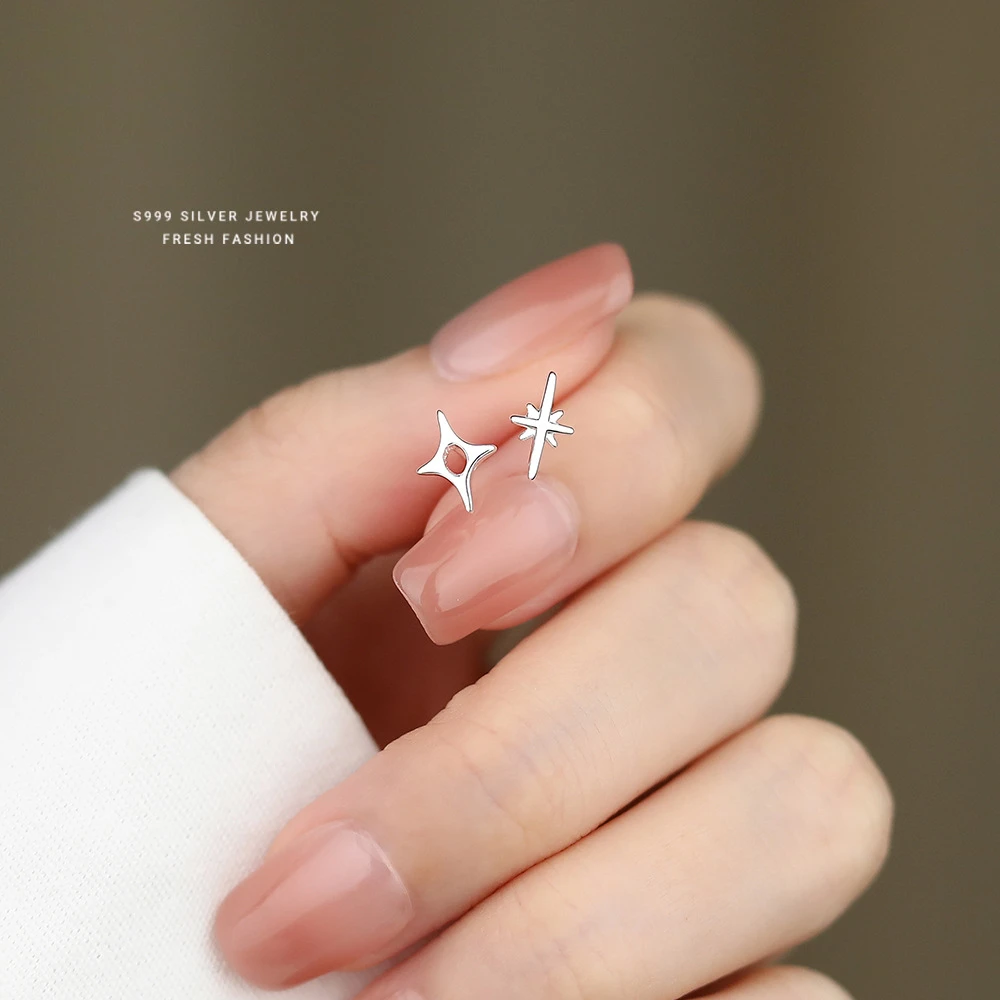 足银耳饰 星星耳钉999足银螺丝款简约纯银四芒星拧螺丝免摘耳饰
