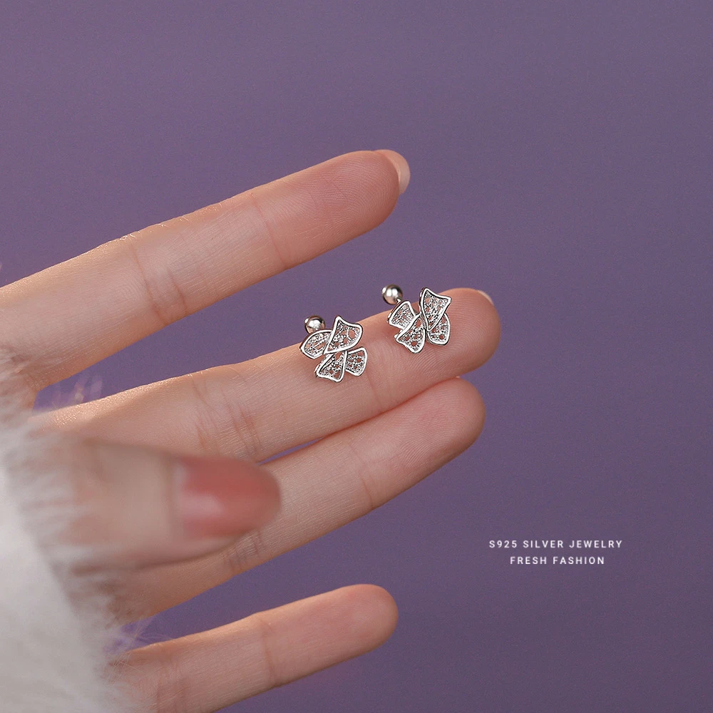 925银耳饰 925纯银镂空蝴蝶结螺丝耳钉女时尚轻奢耳饰送闺蜜礼物