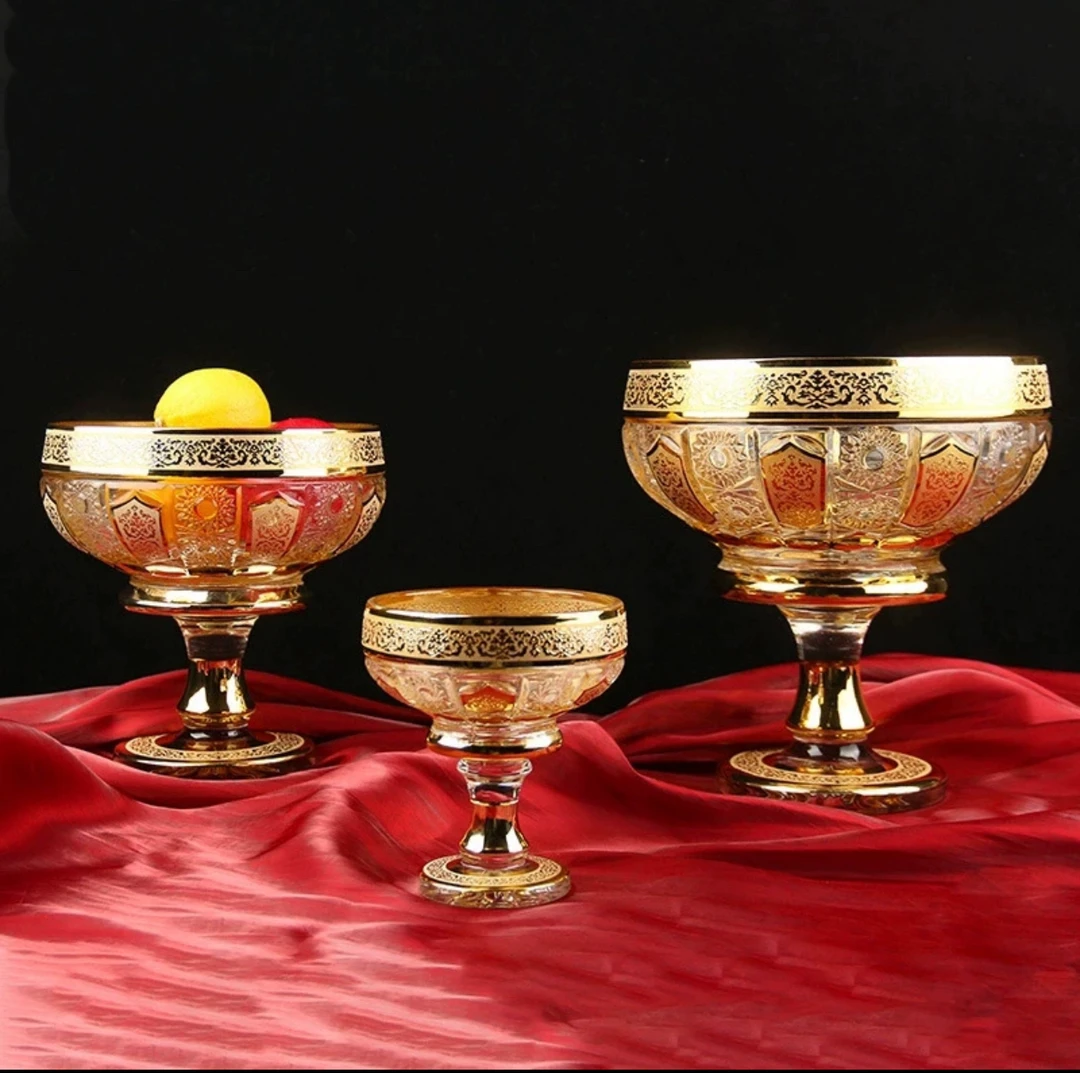 中古轻奢风镀金水晶玻璃太阳花浮雕果盘家居装饰