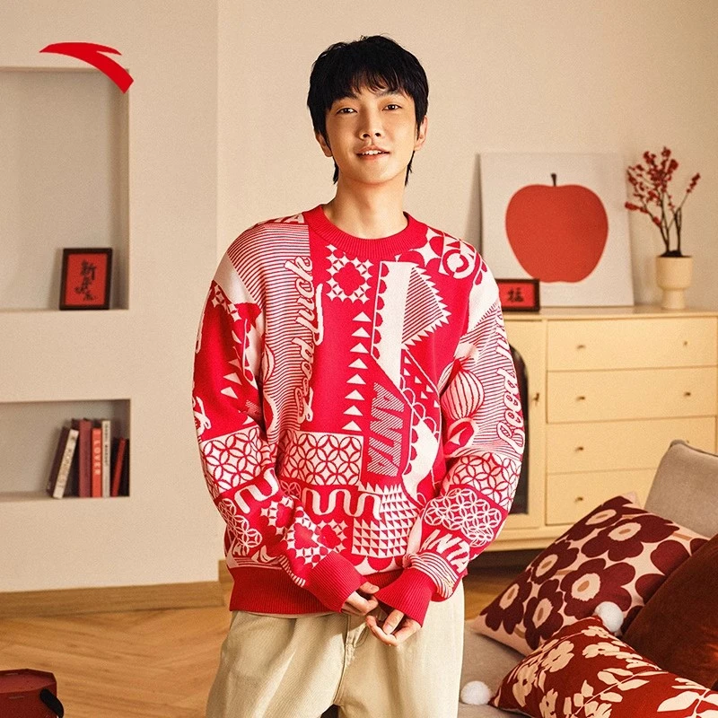 安踏好事发生男子春季新款休闲时尚红色保暖编织衫毛衫152518704