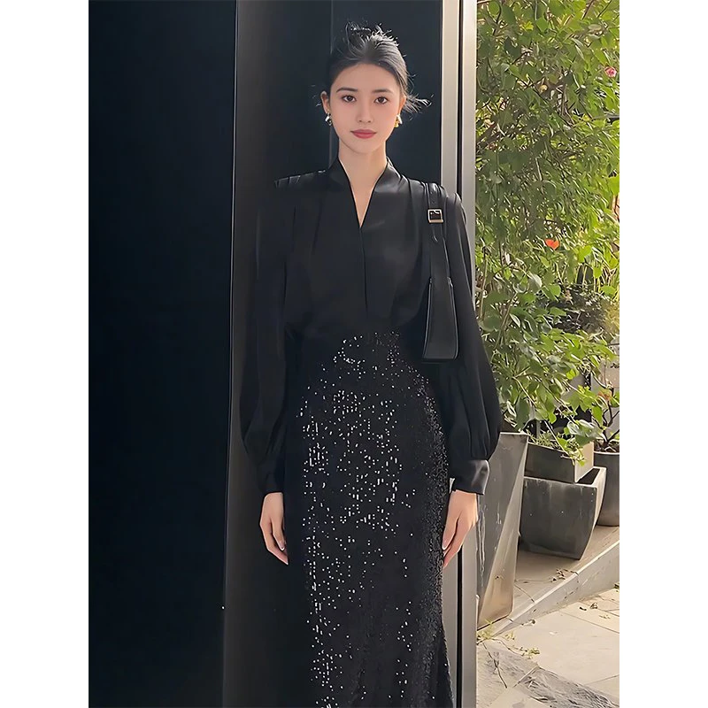 91050#2024春季新款复古高级感黑色衬衫法式名媛收腰包臀半身裙