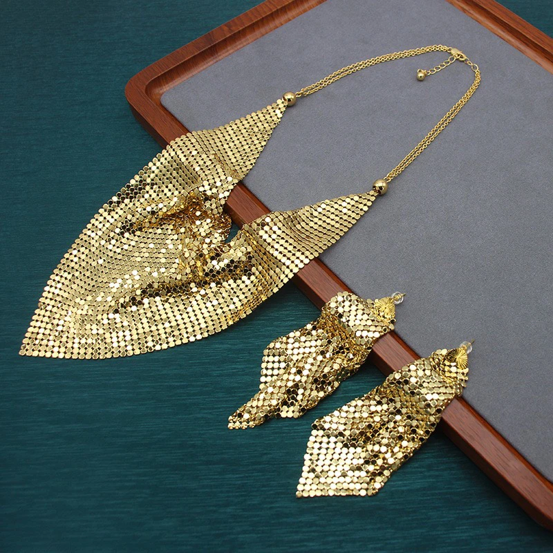 铜合金项链 欧美个性小众长款金色首饰套装亮片夸张耳环项链套装