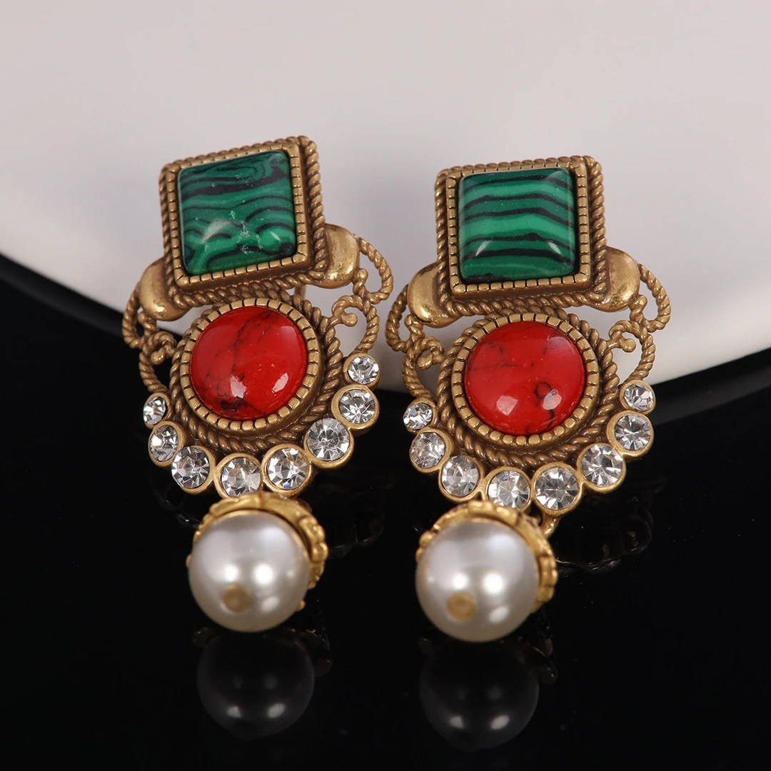 铜合金玻璃耳饰 复古vintage高级感欧美风气质红绿琉璃耳饰古典女