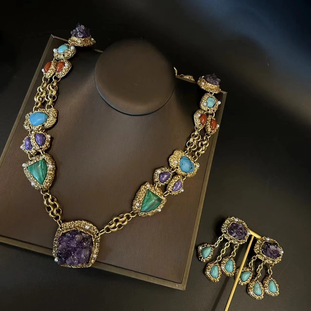 合金项链 欧美蓝色轻奢耳环+项链套装时尚流苏设计复古宫廷风首饰