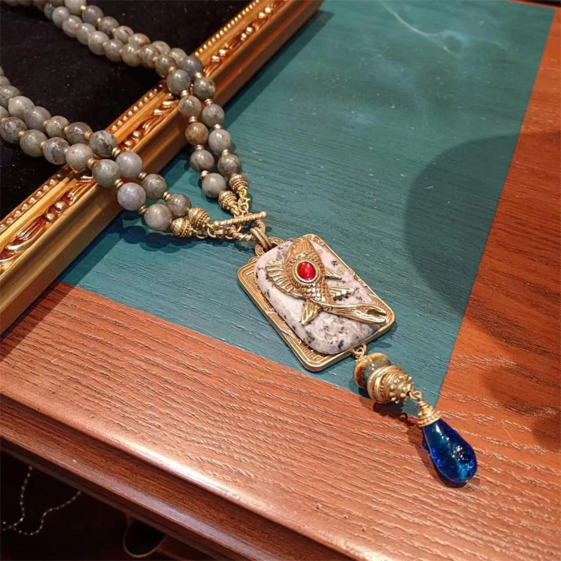 铜琉璃项链 中古复古时尚轻奢优雅个性设计串珠铜鱼吊坠手绘国潮