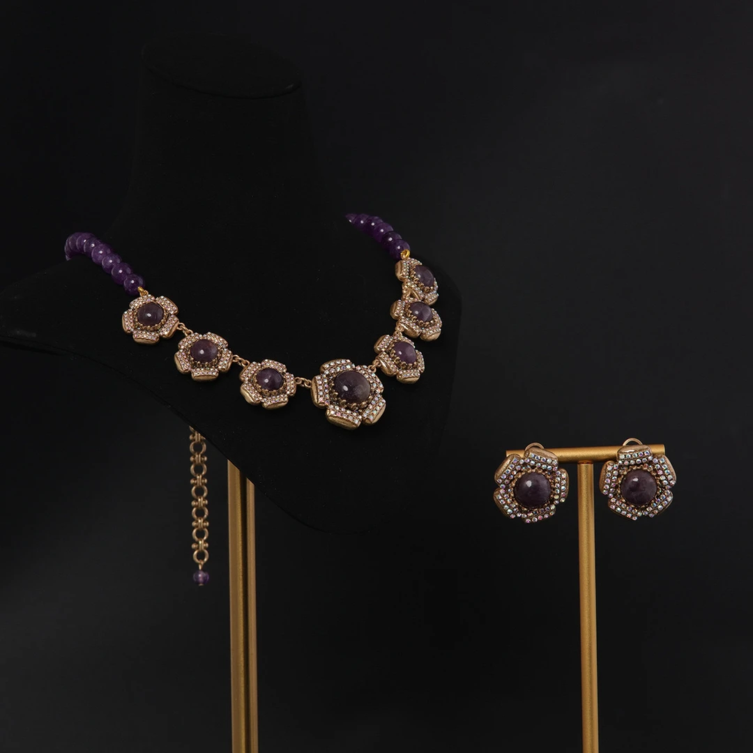 铜项链 中古vintage高级感小众气质百搭铜镀做旧金花朵紫色套装