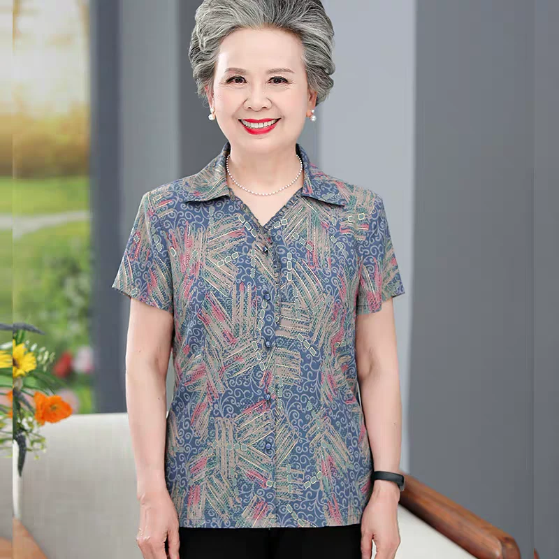 妈妈夏装短袖衬衫女洋气老太太60岁70中老年人奶奶装宽松薄款上衣